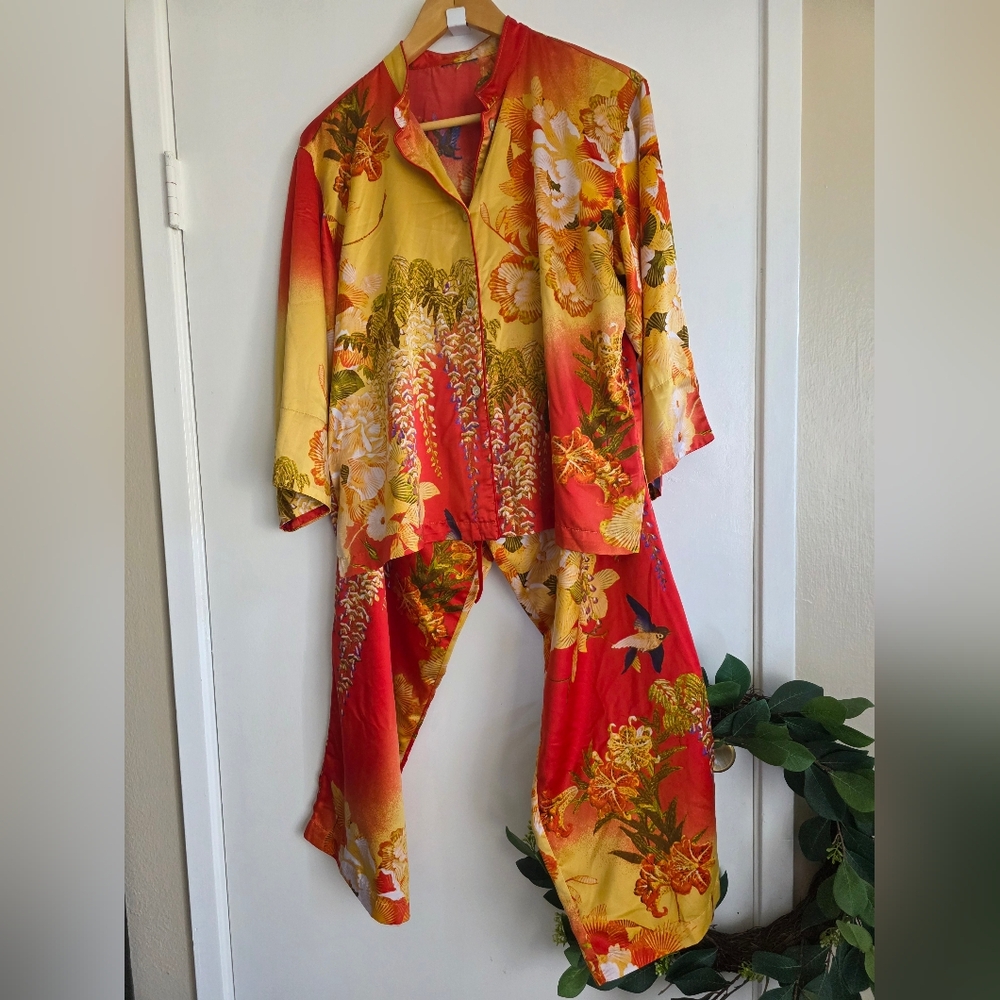 Natori Red and Yellow Floral Silk Pajama Set
